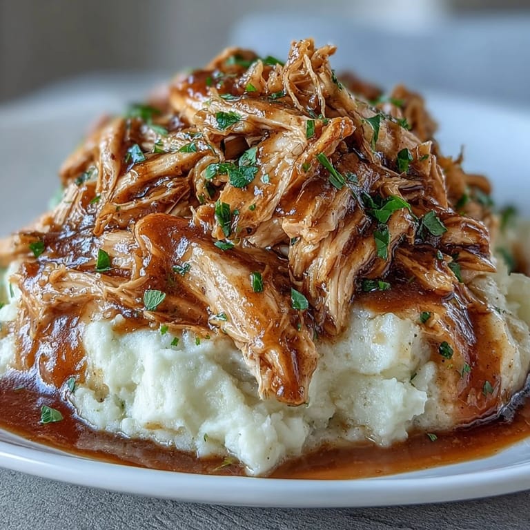 Flavorful Mississippi chicken with au jus and pepperoncini slow-cooked until tender, paired with smooth garlic mashed potatoes for a satisfying family meal.