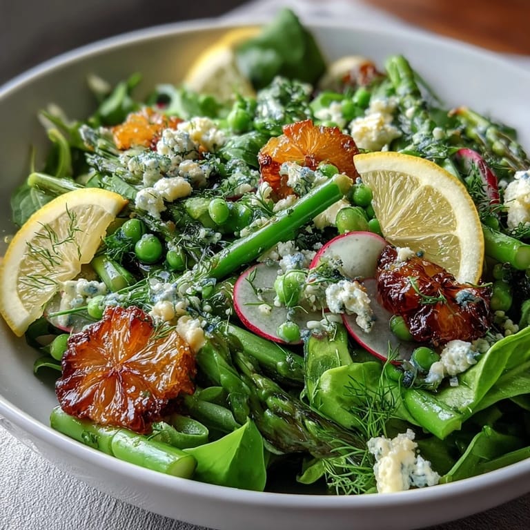 Lemon vinaigrette spring salad with radishes and peas, a refreshing mix of greens, crisp vegetables, and zesty homemade dressing.