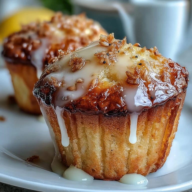 Golden muffins bursting with lemon zest and poppy seeds, drizzled with a tangy citrus glaze for a refreshing breakfast treat.