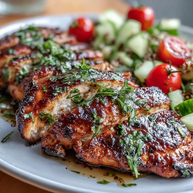 Grilled chicken breast slices over a colorful mix of bell peppers, cucumber, and quinoa, topped with crumbled feta and parsley.