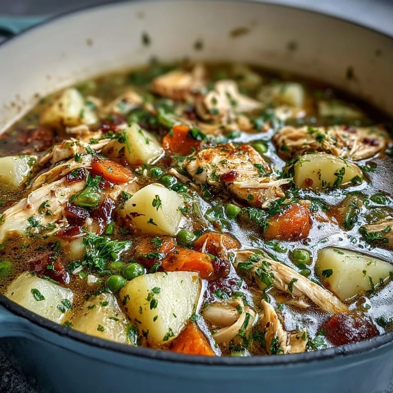 A slow cooker chicken pot pie soup filled with chunks of chicken, potatoes, and peas in a comforting, creamy base.