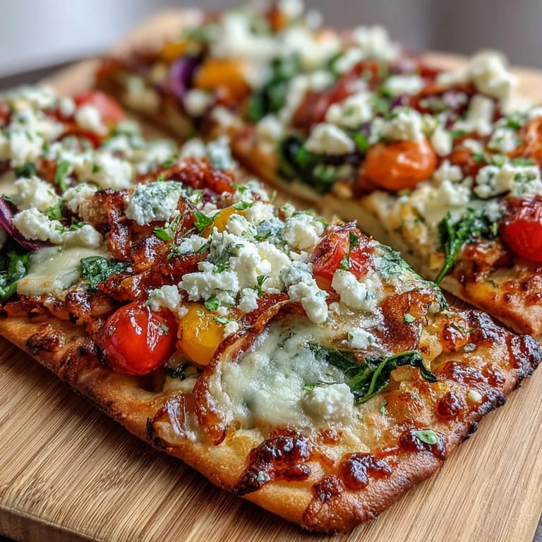 Festive St. Patricks Day Rainbow Veggie Flatbread Pizza features a colorful array of vegetables baked to perfection on a crispy flatbread base.