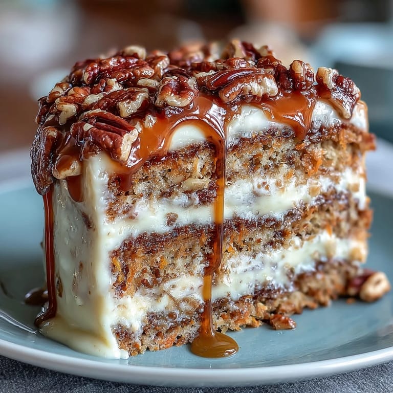 Spiced carrot cake with crunchy walnuts and smooth cream cheese frosting, decorated with carrot curls and fresh flowers for a festive spring dessert.
