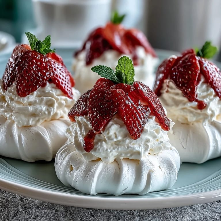 Golden, airy meringue nests filled with billowy vanilla cream and vibrant fresh strawberries, perfect for spring gatherings.