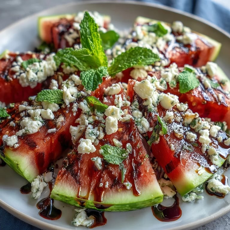 Colorful summer salad with grilled watermelon, feta crumbles, and fresh mint leaves on a white platter.  