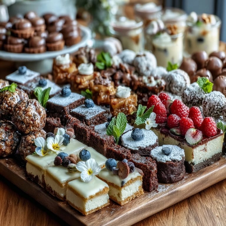 Vibrant dessert spread with fruit tarts, chocolate truffles, and fresh berries, ideal for a festive grad party table.