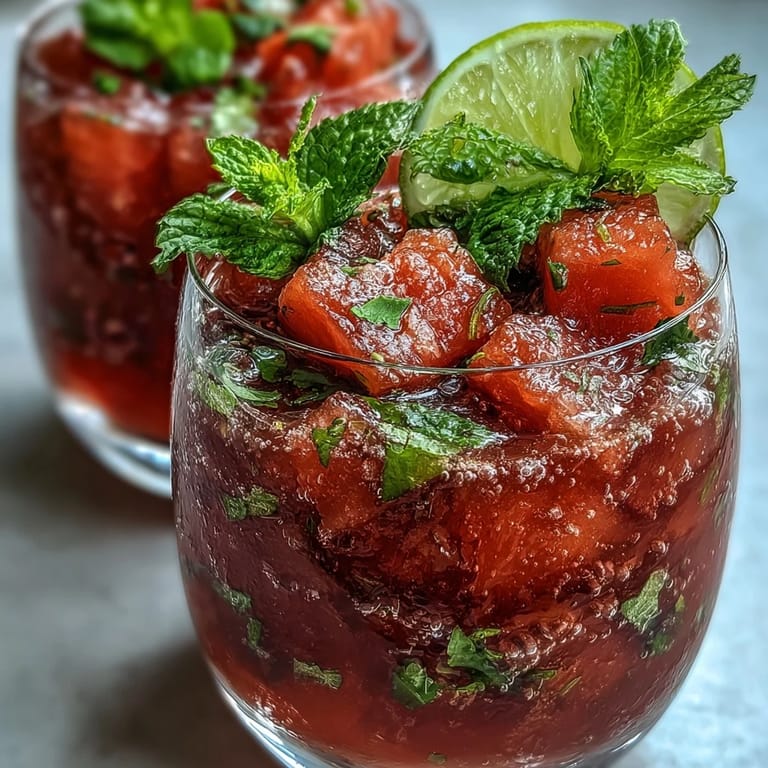 Easy watermelon mint mocktail with smooth watermelon puree, bubbly water, and lime, perfect for hot days and served in elegant glasses with fruit garnish.