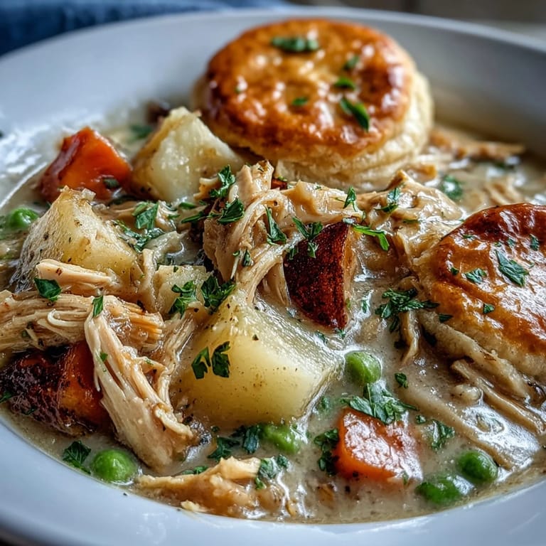 Slow Cooker Chicken Pot Pie Soup: a comforting blend of shredded chicken, potatoes, and carrots in a creamy, herb-infused broth served with flaky biscuits.