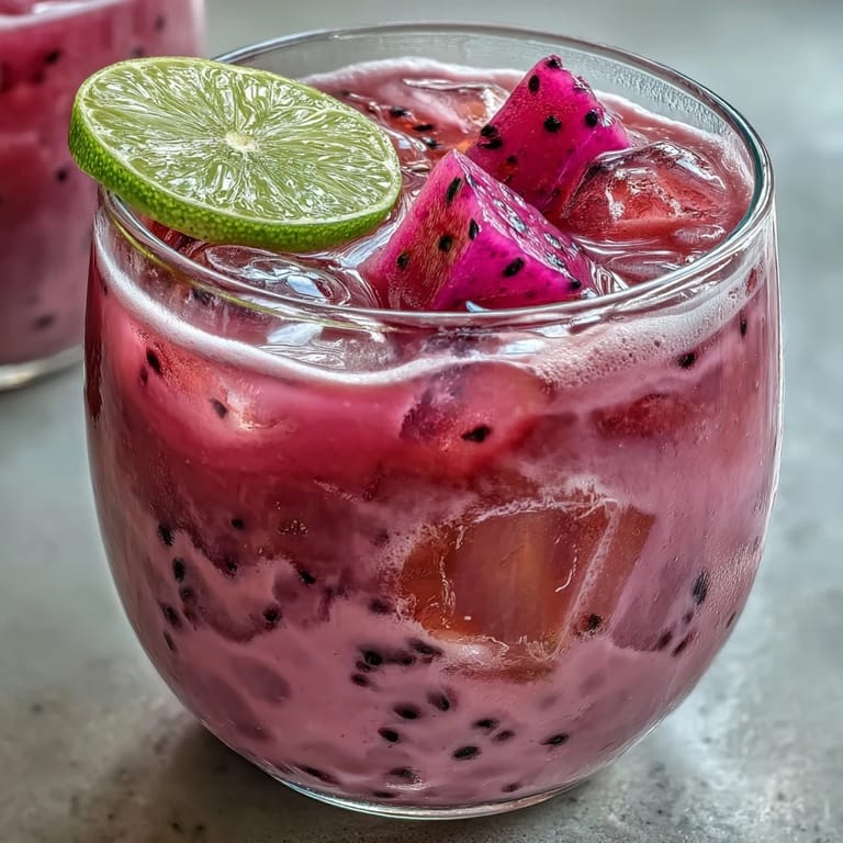Sweet dragon fruit refresher with coconut milk and strawberries, a cool, dairy-free beverage perfect for summer.