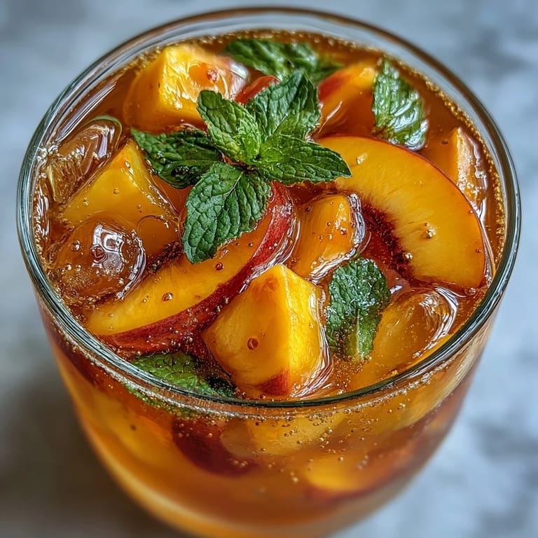 Refreshing mango peach sparkling tea served over ice, combining sweet fruit puree with bubbly black tea for a cooling drink.