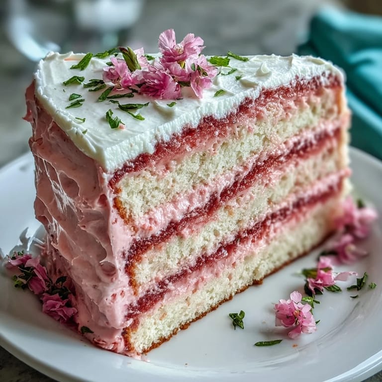 Layered vanilla sponge cake adorned with silky pink ombre buttercream and delicate floral decorations.  