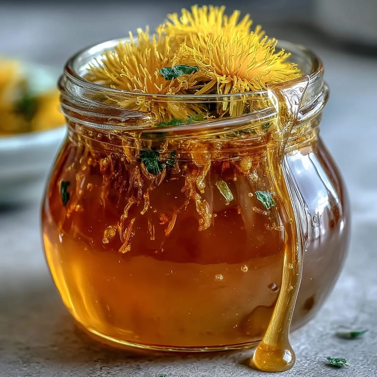 Close-up of homemade dandelion jelly with delicate floral aroma, spread on warm bread, evoking springtime sweetness.