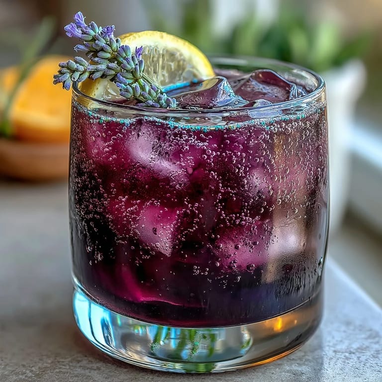A close-up of Purple Rain Lavender Lemonade Refresher, featuring ice cubes and a sprig of fresh mint.