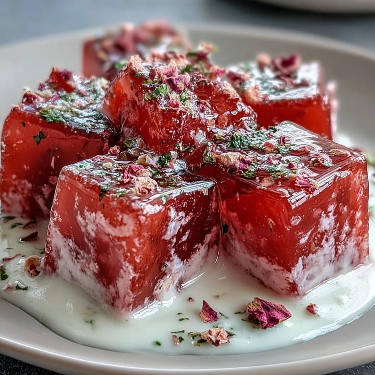 Festive Strawberry Rose Gelatin Mosaic Cake glistening, a perfect chilled dessert.
