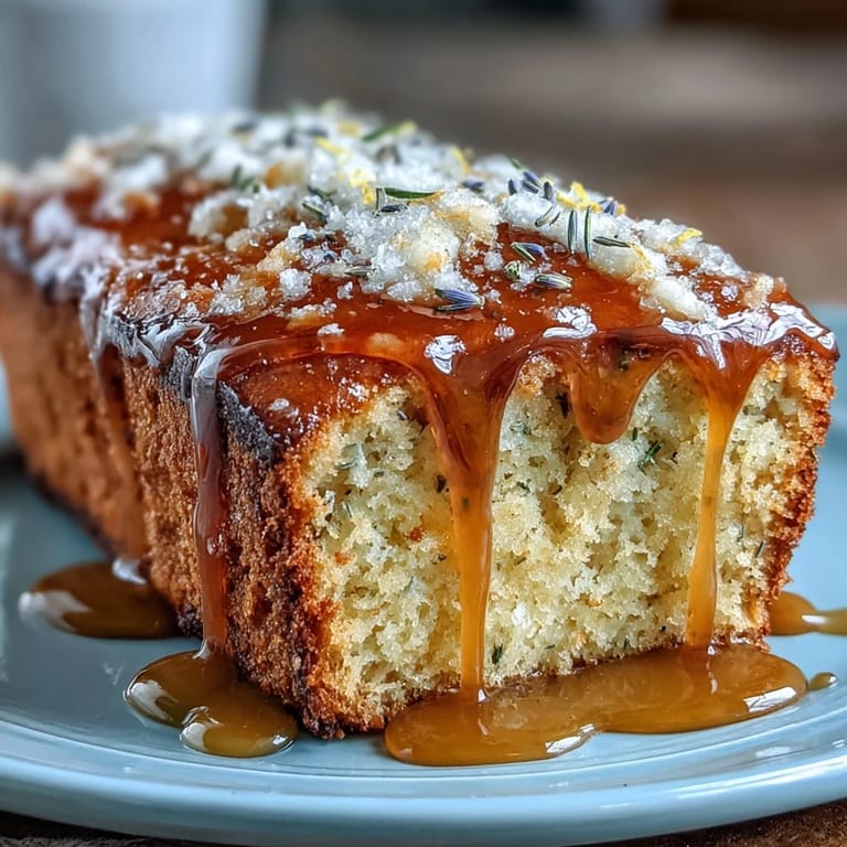 Moist Lemon Lavender Loaf Cake dusted with sweet honey glaze, ready for slicing.