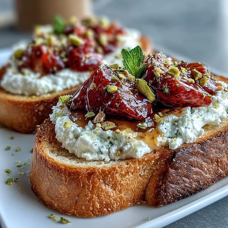 Elegant breakfast toast: ricotta, strawberries, honey, pistachios, golden bread perfection.
