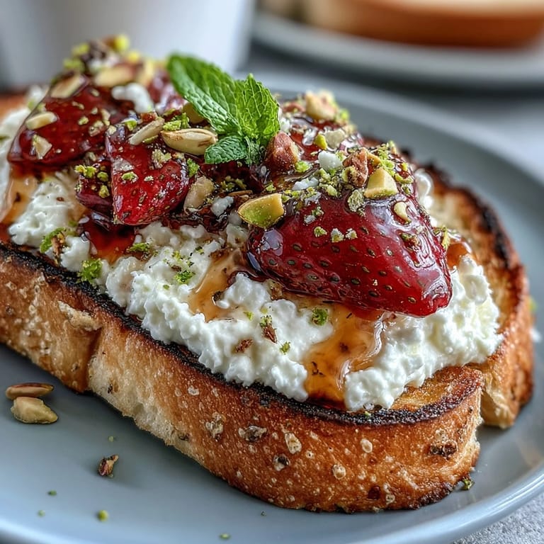 Visually appealing strawberry honey ricotta toast, sprinkled with vibrant pistachios.