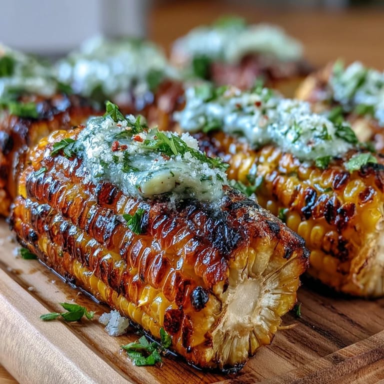 Tender grilled corn cobs topped with flavorful parsley-chive butter, a summer delight.
