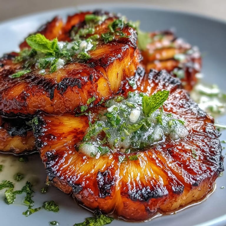 Sweet caramelized pineapple spears topped with spicy yuzu butter and fresh mint garnish.