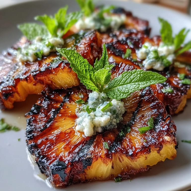 Juicy grilled pineapple slices finished with vibrant yuzu kosho butter, ready to serve.