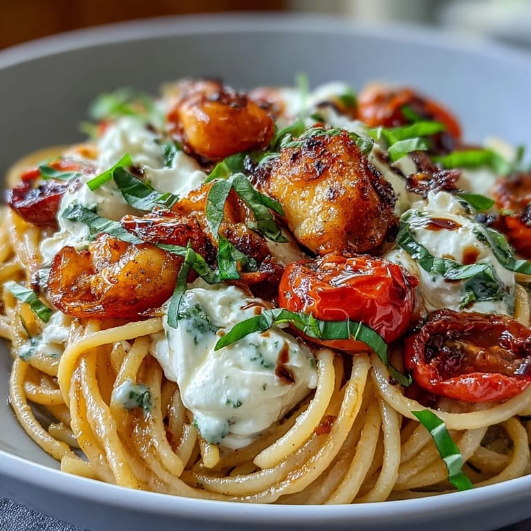Plated Summer Caprese Pasta with burrata, showing glossy tomatoes and basil.
