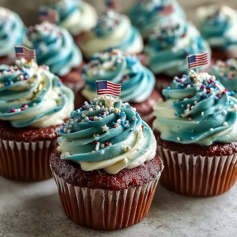 Festive Star-Spangled Banner Cupcakes showcasing swirled frosting and iconic American flag toppers.