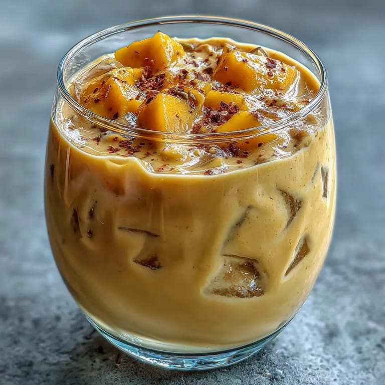 Vibrant Indian mango lassi smoothie, blended smooth with sweet mango and spice notes.