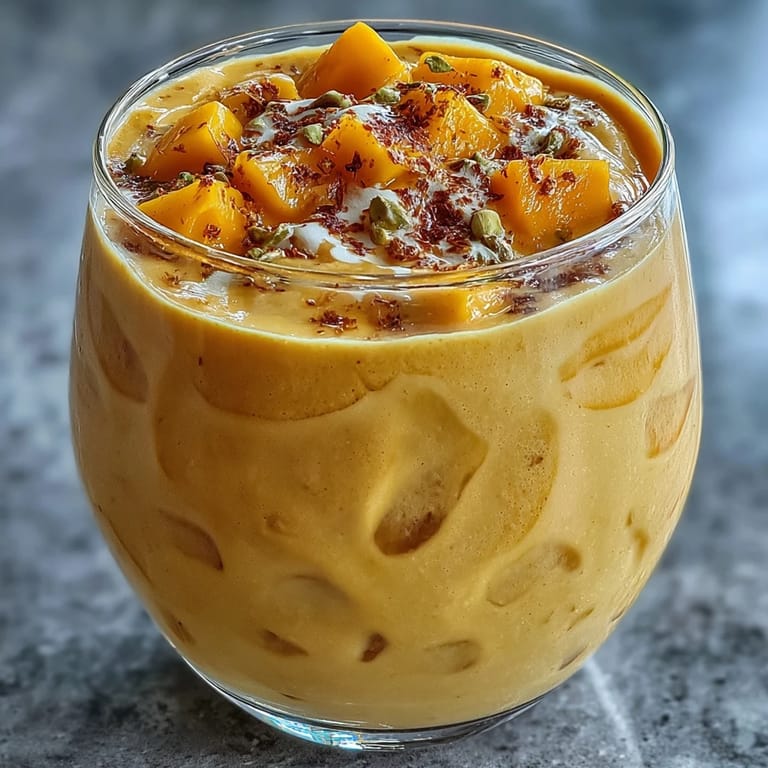 Thick, cool mango lassi smoothie garnished with cardamom, a delicious Indian-inspired beverage.