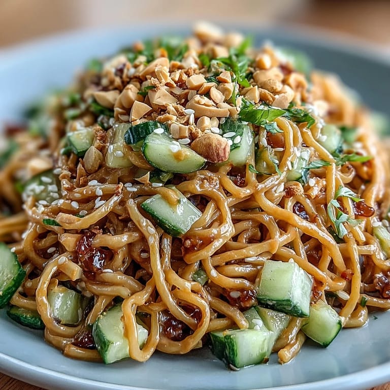 Deliciously savory Cold Peanut Sesame Noodles topped with crunchy peanuts and fresh herbs.
