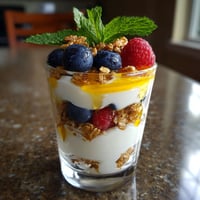 A glass of yogurt with blueberries and granola.