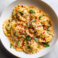 A plate of pasta with red pepper flakes on top.