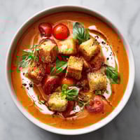 A bowl of soup with tomatoes and croutons.