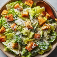 A bowl of salad with croutons and cheese.