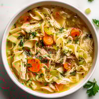 A bowl of chicken noodle soup with vegetables.