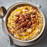 A bowl of pumpkin spice oatmeal with nuts on top.