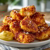 A plate of breaded food with a yellow sauce on it.