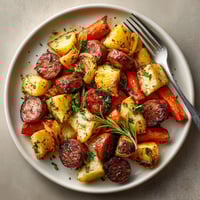 A plate of sausage and vegetables.