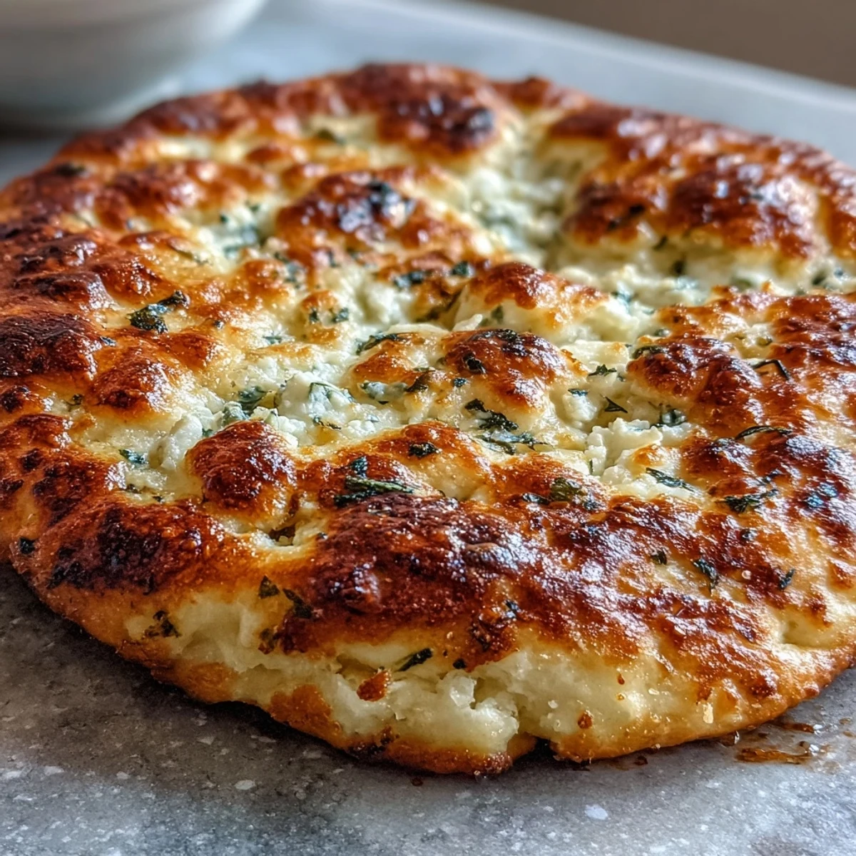 Golden-brown Fluffy Cottage Cheese Flatbread with bubbling edges, fresh herbs, and a soft, pillowy texture perfect for wraps.