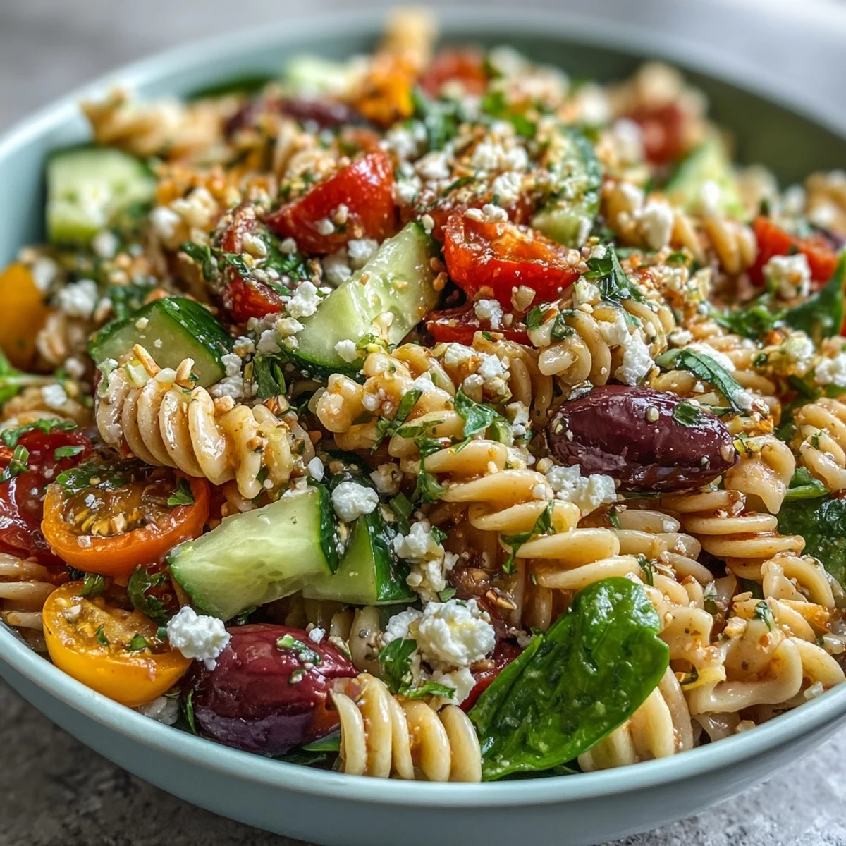 A colorful Greek pasta salad packed with fresh summer veggies, light feta, and tangy olives, perfect for a healthy lunch.  