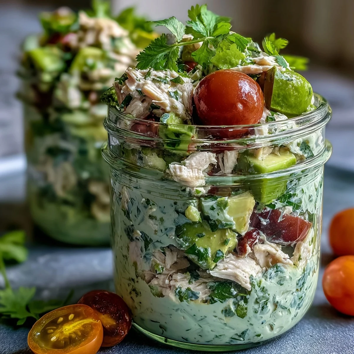 Creamy avocado and chicken salad layered in mason jars, perfect for healthy keto lunches on the go.  