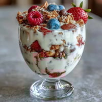 A colorful Galentines brunch parfait bar with creamy Greek yogurt, fresh strawberries, and a variety of crunchy toppings.  