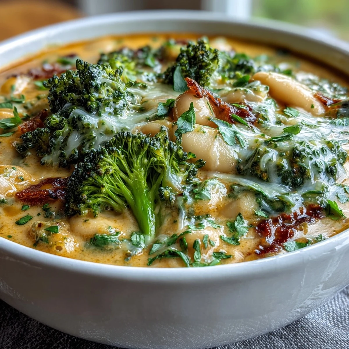 Creamy Broccoli and Cheddar Bean Soup with tender vegetables and sharp cheese in a velvety broth.  