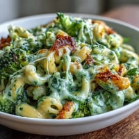 Creamy green mac and cheese with spinach and broccoli, a vibrant twist on comfort food with rich cheese sauce.  