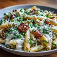 Creamy Leek, Pea, and Ham Pasta in a skillet with tender noodles and a rich, savory sauce.  