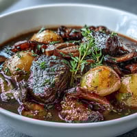 Hearty vegan Irish stew with mushroom meat, root vegetables, and rich vegetable broth in a rustic bowl.