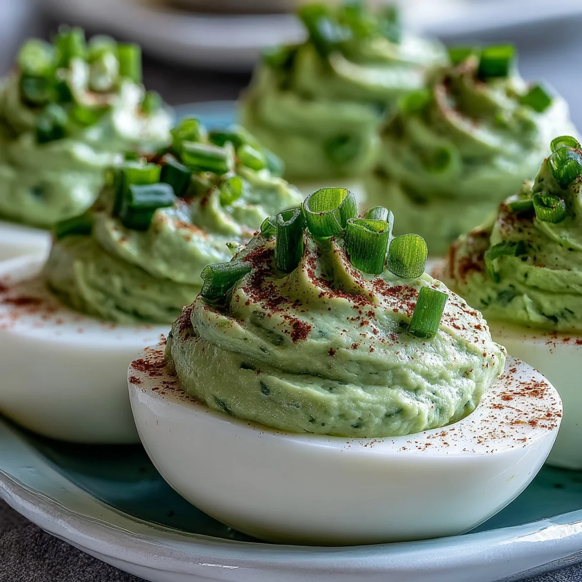 Creamy avocado deviled eggs with vibrant green filling, garnished with chives and smoked paprika for a fresh appetizer.