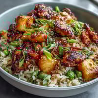 A vibrant plate of sweet chili chicken pineapple fried rice, featuring tender chicken, juicy pineapple, and crisp vegetables tossed in zesty sauce.