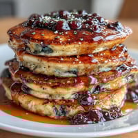Fluffy sourdough pancakes bursting with fresh blueberries and zesty lemon, perfect for a sunny weekend brunch.