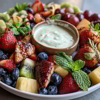 A colorful baby shower fruit platter arranged in a blooming flower design, featuring fresh strawberries, grapes, and melon with creamy yogurt dip.