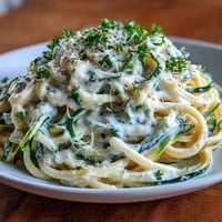 Creamy cottage cheese Alfredo sauce drizzled over tender zucchini noodles, garnished with fresh parsley and Parmesan.